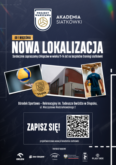Plakat złożony z trzech zdjęć z piłką siatkową, halą i trenera.